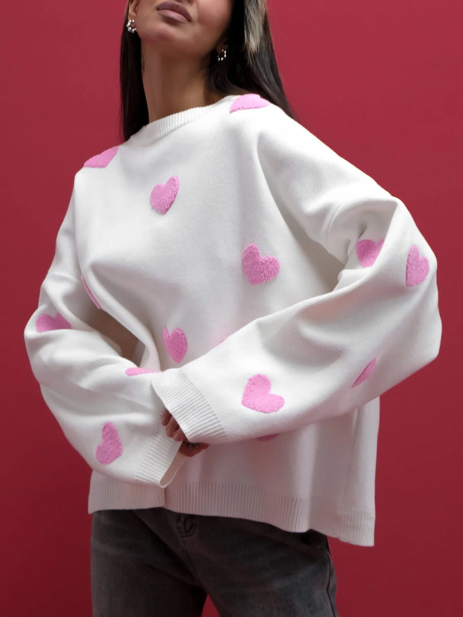 Cute Heart Shape Round Neck Autumn And Winter Loose Casual Top Sweater