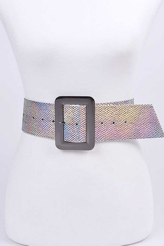 Holographic Snake Print Square Buckle Belt