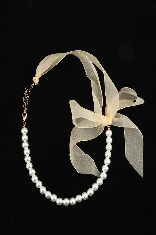 Ribbon and Pearl Beaded Chain Necklace