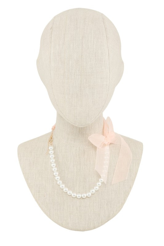 Ribbon and Pearl Beaded Chain Necklace