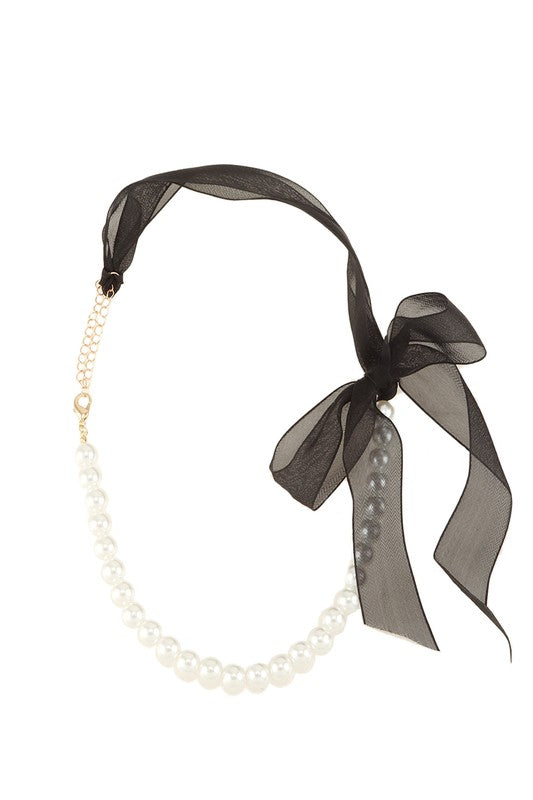 Ribbon and Pearl Beaded Chain Necklace