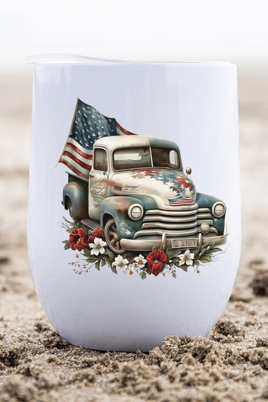 Patriotic American Flag Truck Floral Wine Cup