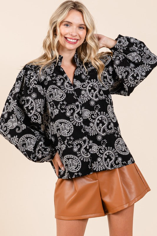 Plus Paisley Eyelet Laced Button-Up Blouse