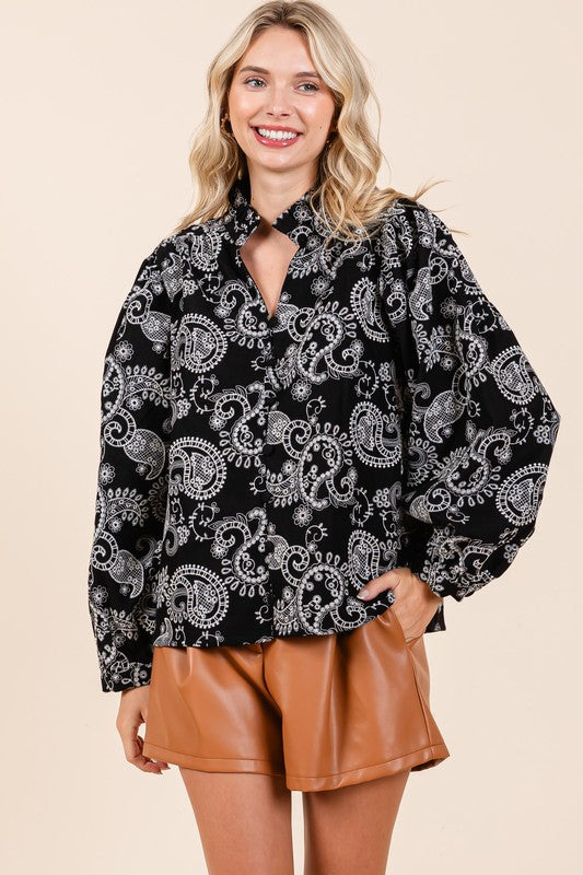 Plus Paisley Eyelet Laced Button-Up Blouse