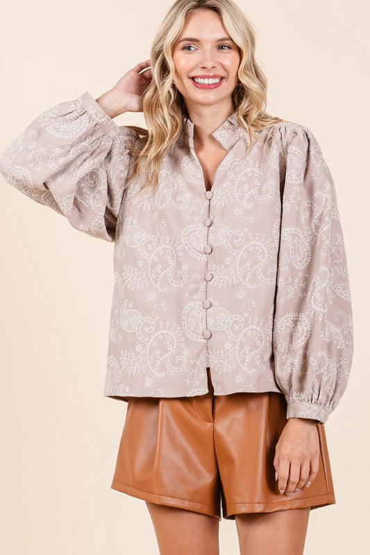 Plus Paisley Eyelet Laced Button-Up Blouse