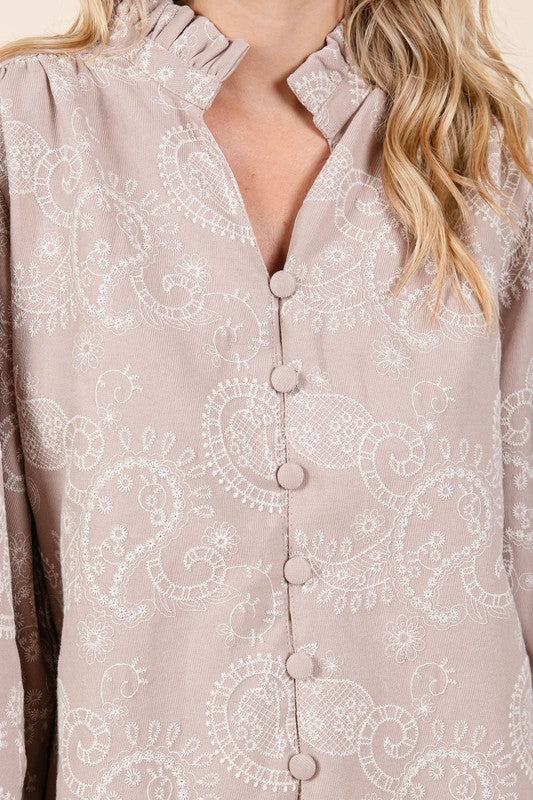 Plus Paisley Eyelet Laced Button-Up Blouse