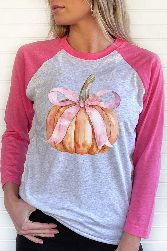 Fall Pumpkin Pink Bow Autumn Graphic Raglan