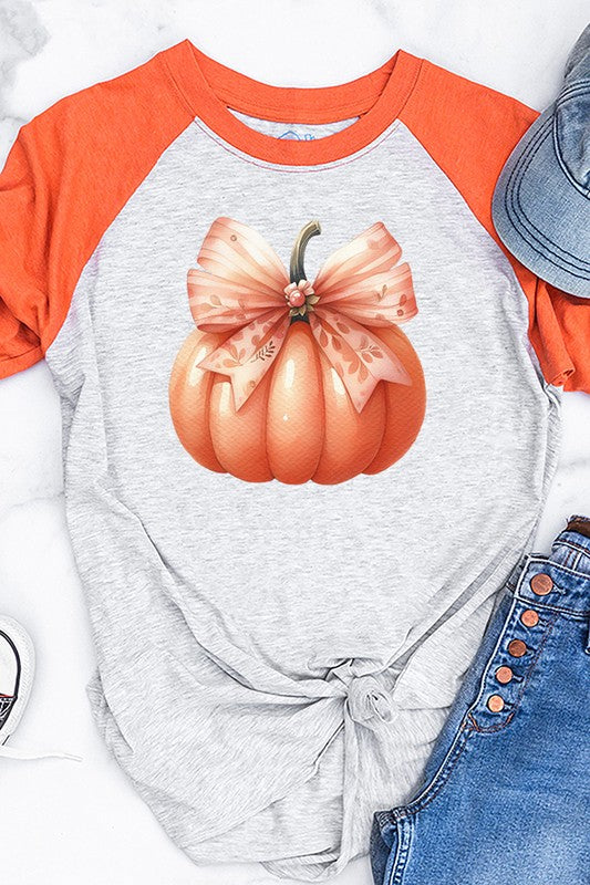 Fall Orange Pumpkin Bow Graphic Raglan