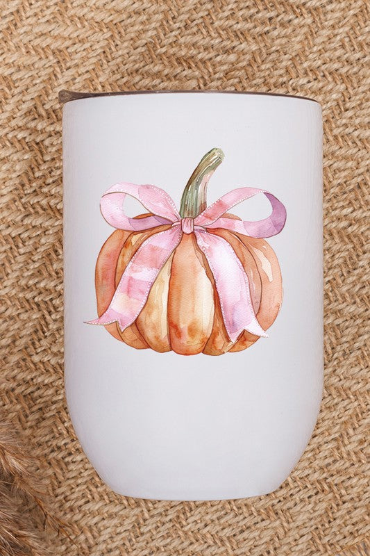 Fall Harvest Pumpkin Pink Bow Wine Cup Tumbler