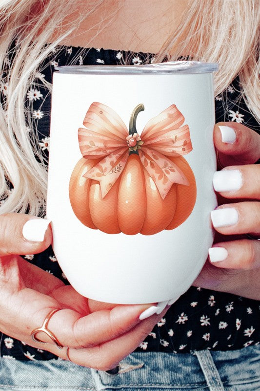 Fall Harvest Pumpkin Bow Wine Cup Tumbler