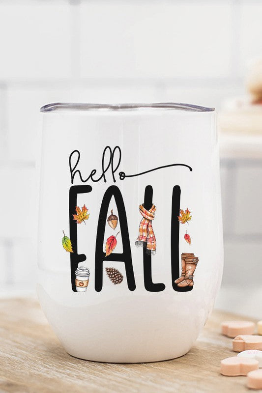 Harvest Autumn Hello Fall Doodle Wine Cup Tumbler