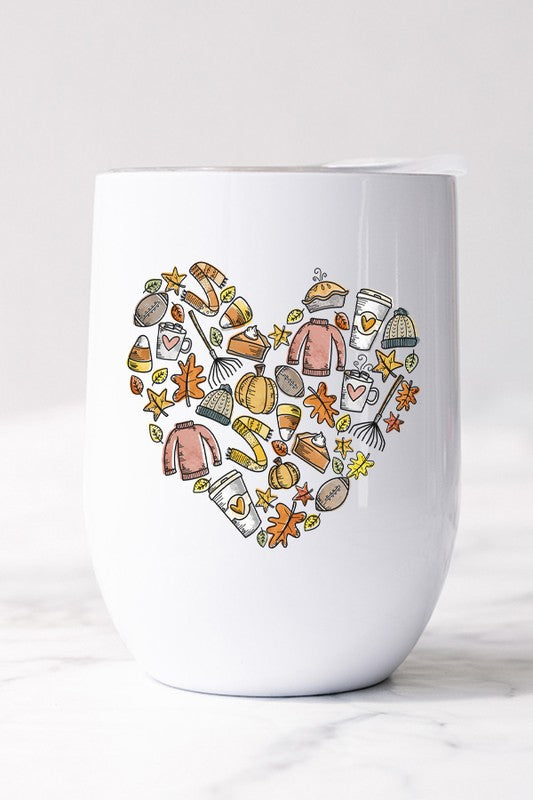 Harvest Autumn Fall Doodle Heart Wine Cup Tumbler