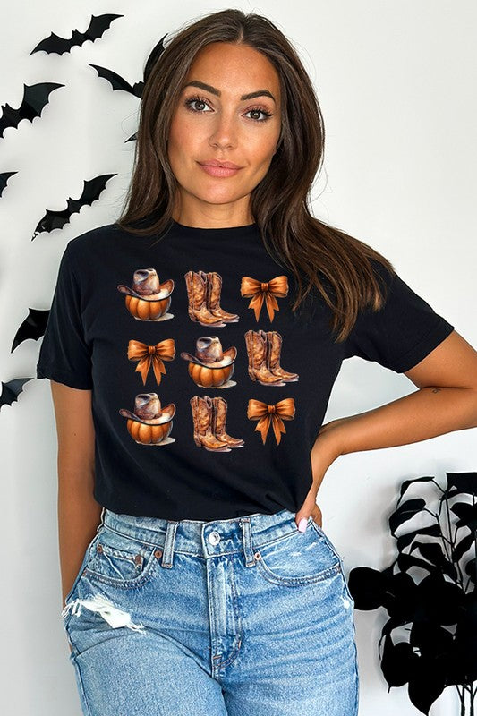 Halloween Cowboy Boots Bow Pumpkin Tee