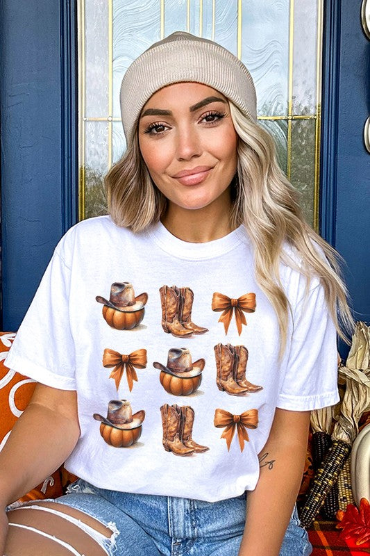 Halloween Cowboy Boots Bow Pumpkin Tee