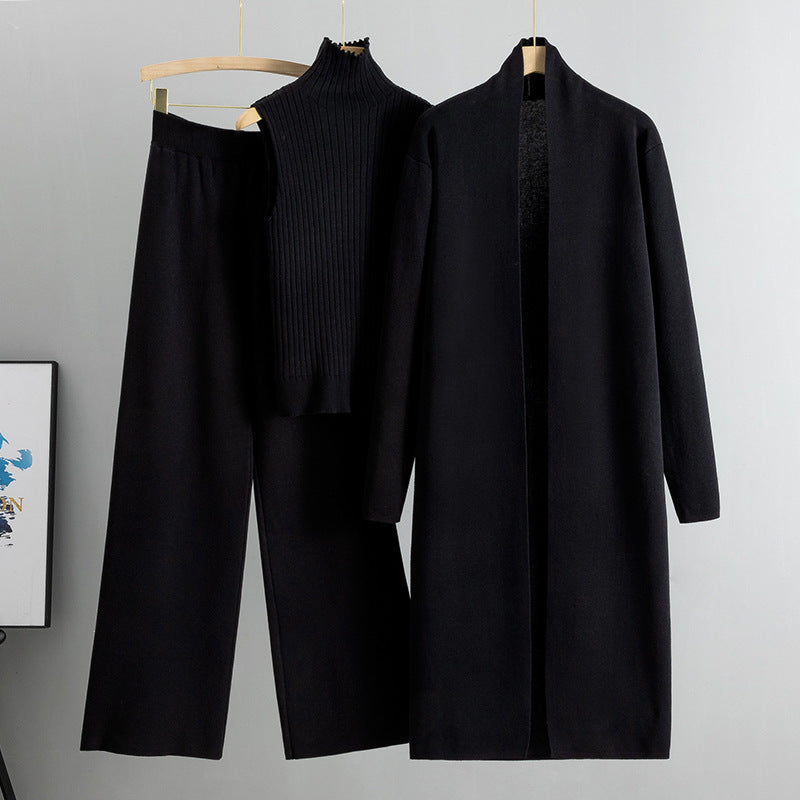 Simple Knitting Suit Sleeveless Vest Sweater Cardigan Pants Three-piece Set