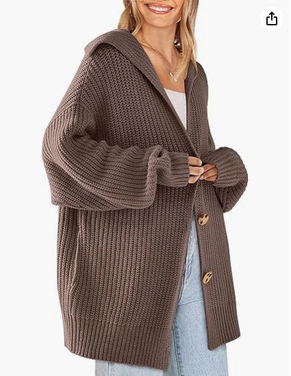 Lapel Pocket Knitted Cardigan Button Mid-length Coat