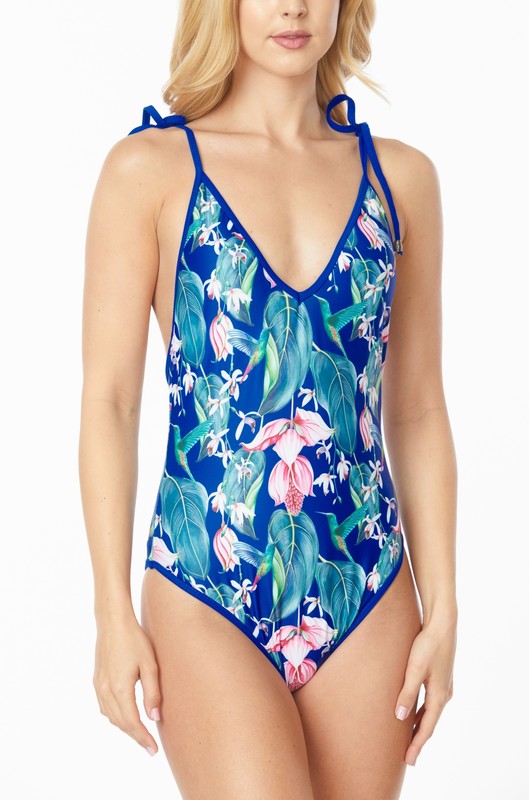 ONE PIECE BATHING SUIT FLORAL PRINT SHOULER TOP TI