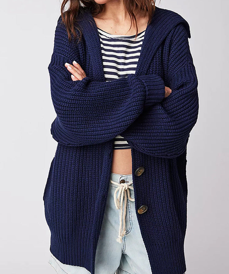 Lapel Pocket Knitted Cardigan Button Mid-length Coat