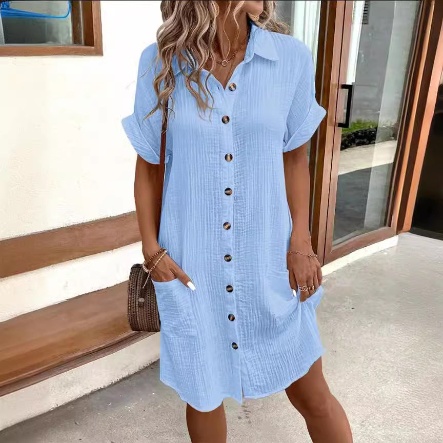 Short Sleeve Shirt Dress Fashion Solid Color Single-breasted Mid-length Loose Dress