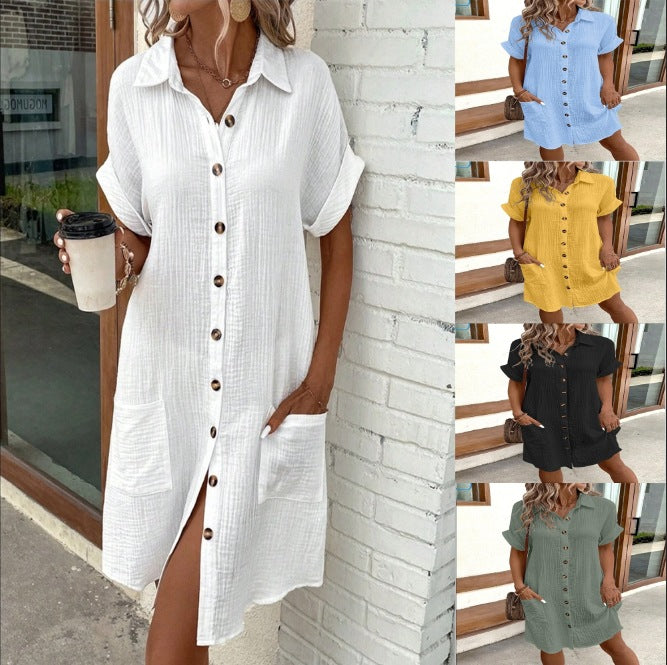 Short Sleeve Shirt Dress Fashion Solid Color Single-breasted Mid-length Loose Dress