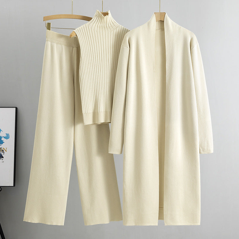 Simple Knitting Suit Sleeveless Vest Sweater Cardigan Pants Three-piece Set